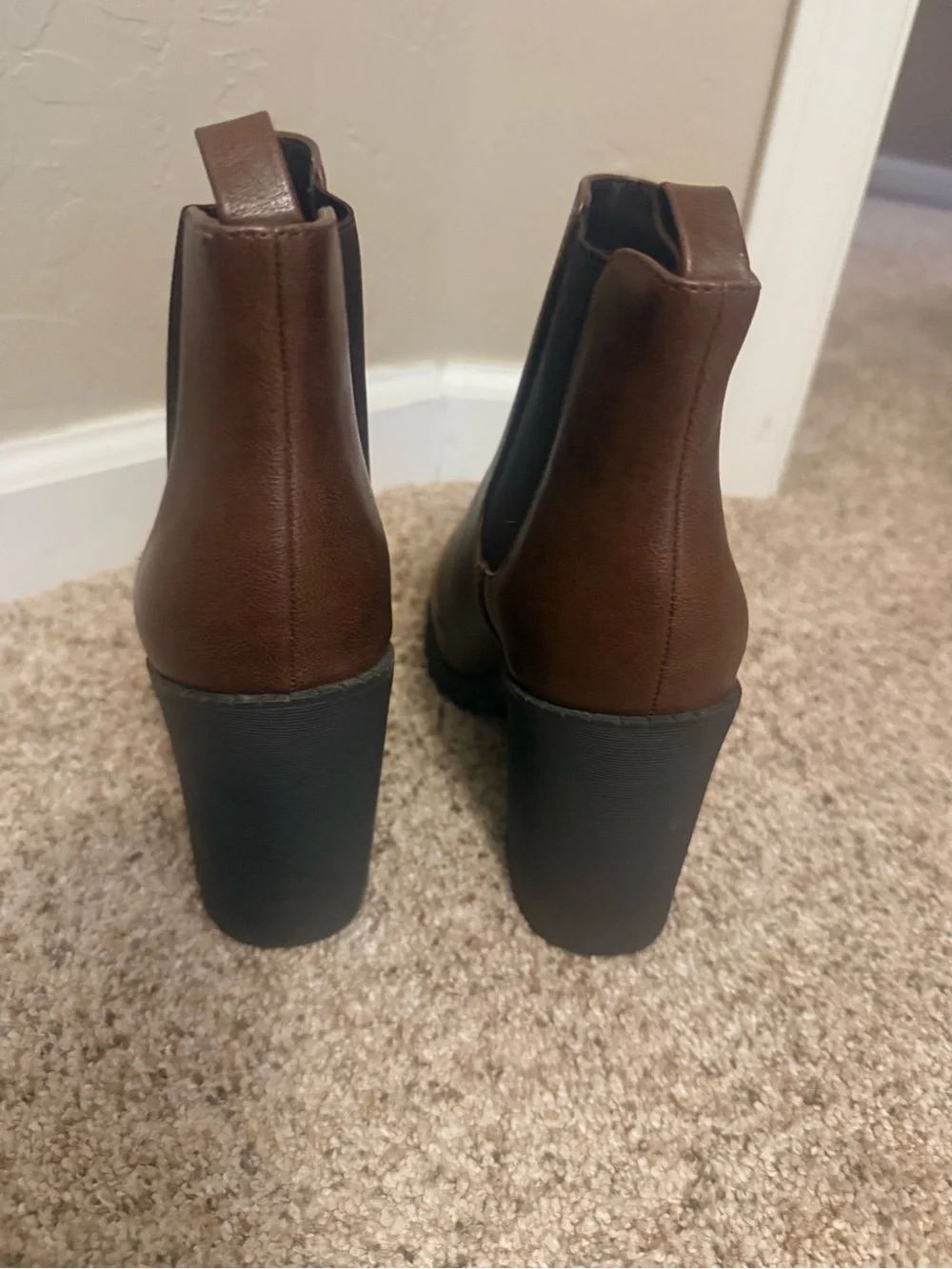 Soda Brown Chelsea Block Heel Ankle Booties